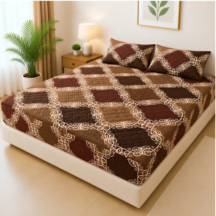Printed Fancy Quilted Waterproof Mattress Fitted BedSheet With Pillows Covers