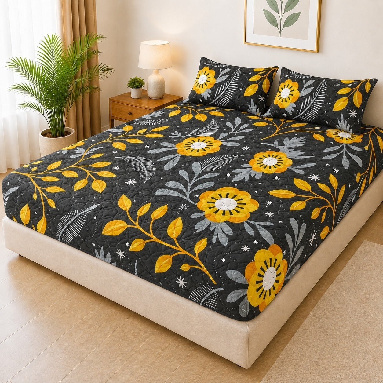 Printed Fancy Quilted Waterproof Mattress Fitted BedSheet With Pillows Covers
