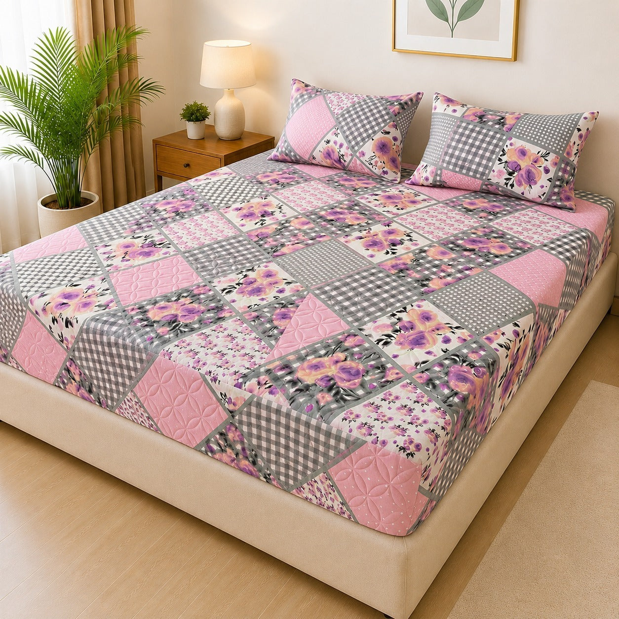 Printed Fancy Quilted Waterproof Mattress Fitted BedSheet With Pillows Covers
