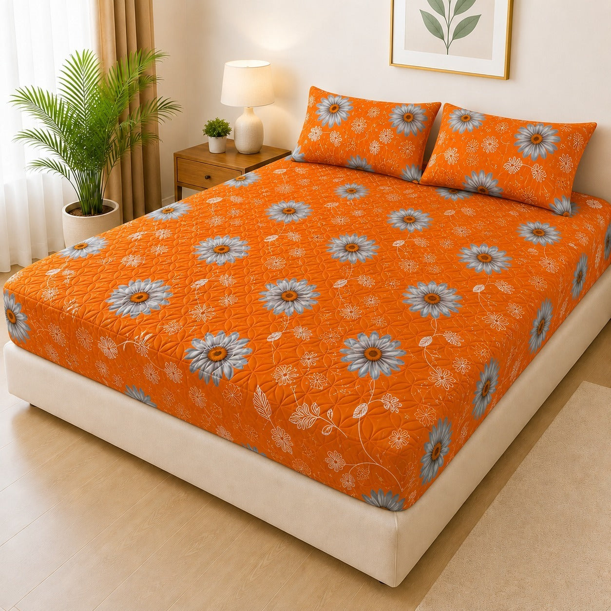Printed Fancy Quilted Waterproof Mattress Fitted BedSheet With Pillows Covers
