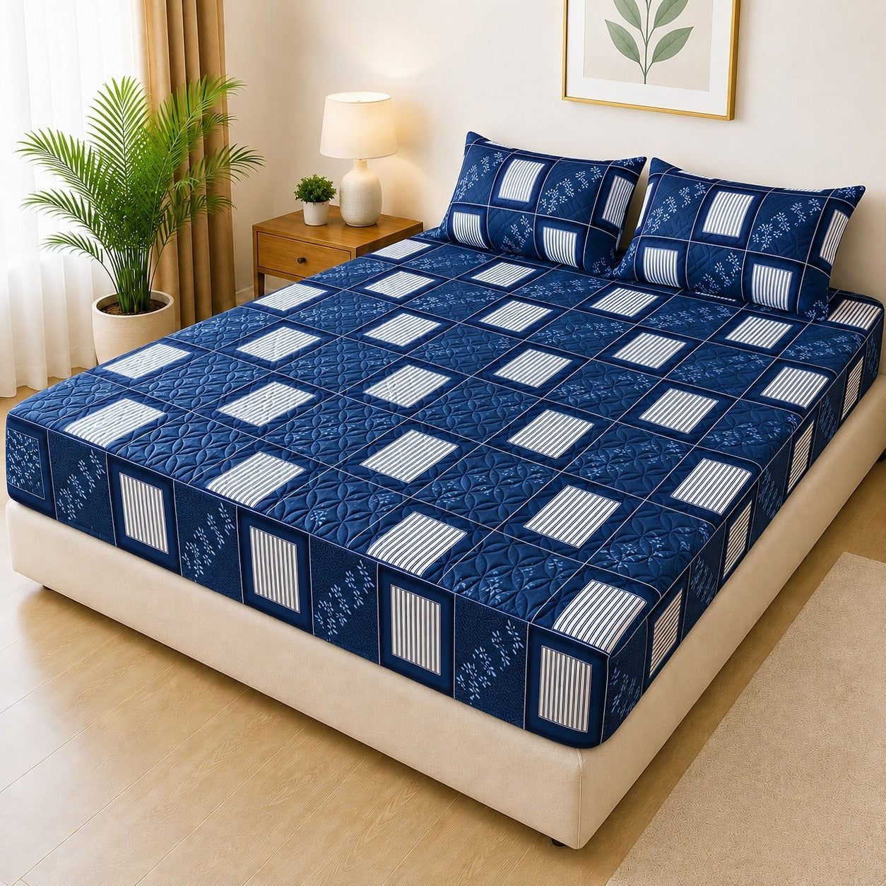 Printed Fancy Quilted Waterproof Mattress Fitted BedSheet With Pillows Covers