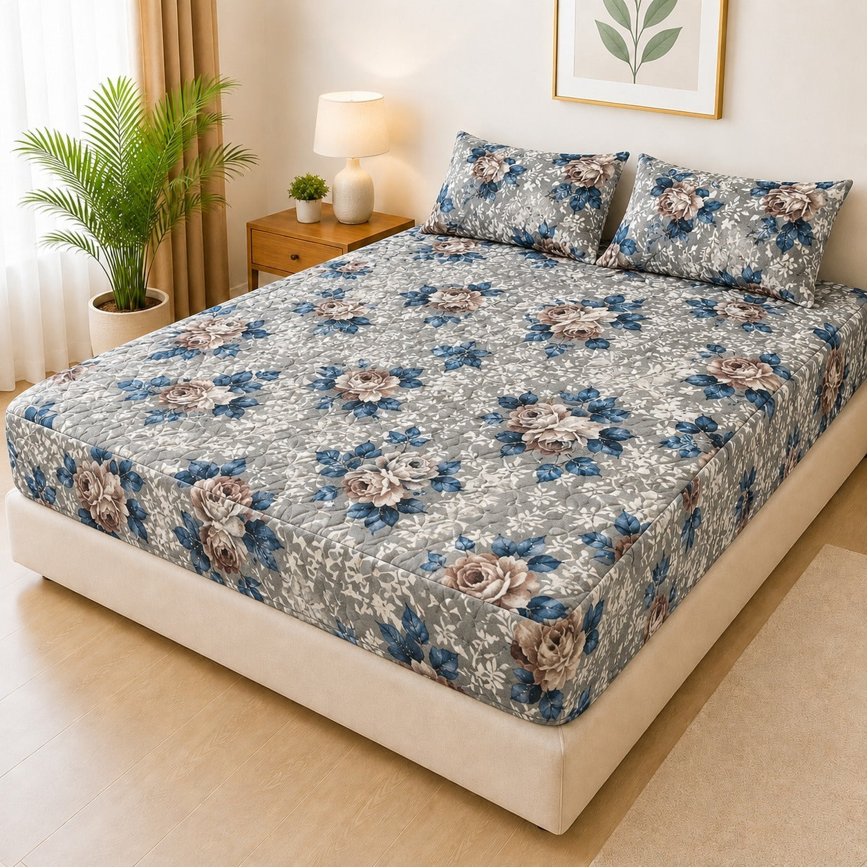 Printed Fancy Quilted Waterproof Mattress Fitted BedSheet With Pillows Covers