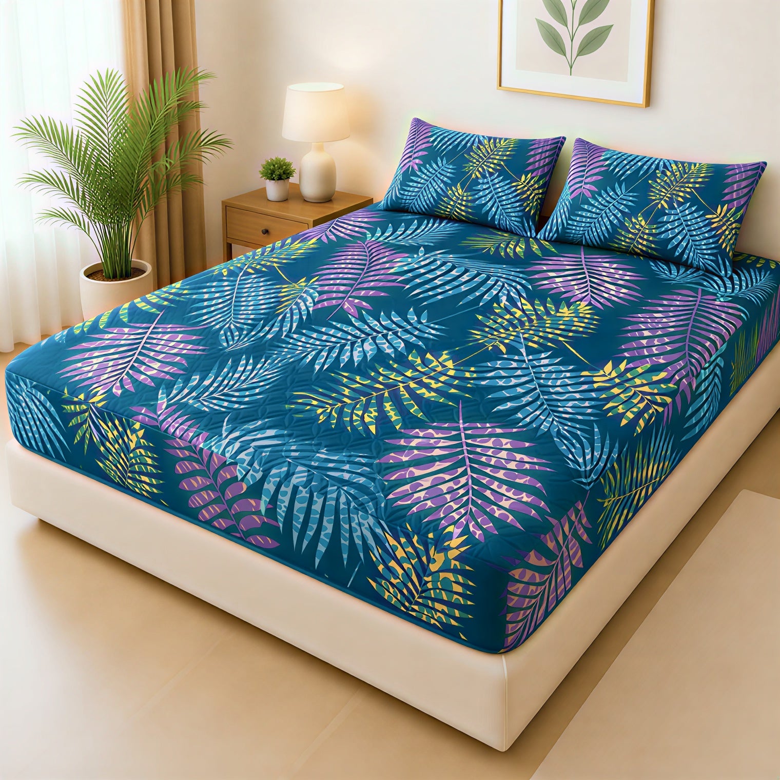 Printed Fancy Quilted Waterproof Mattress Fitted BedSheet With Pillows Covers