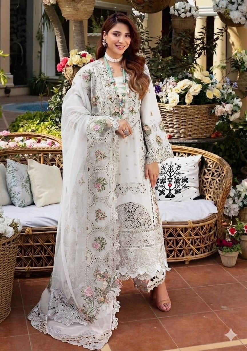 3 Piece Chikankari Embroidered Lawn Suit with Khaddi Net Dupatta – Premium Collection